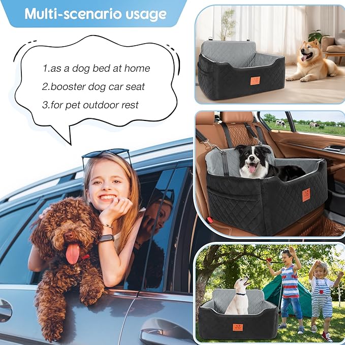 GL GLENSLAVE Dog Car Seat for Medium/Large Dogs,Pet Booster Car Seats for Under 50lbs or 2 Small Dogs, Detachable and Washable Pet Bed,Multi-Functional Travel Dog Bed(Black/Grey)