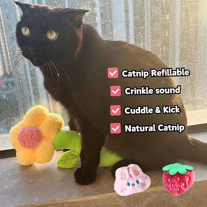 3 PCS Catnip Toys, Includes 6-Pack Catnip Pouches, Catnip Refillable Interactive Cat Toy with Crinkle Sound, Bunny Easter Kicker Toy for Indoor Cats, Chew, Food Puzzle for Kitten Enrichment