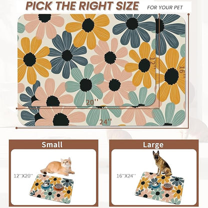 Abstract Daisy Flower Dog Food Mat for Floors,Retro Groovy Flowers Absorbent Pet Food and Water Bowl Mats,Non-Slip Pet Feeding Mat,Pet Supplies 16" x 24"