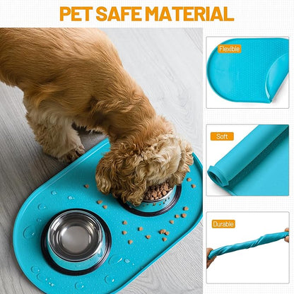 Hubulk 100% Waterproof Silicone Pet Feeding Mat with Raised Edge for Food and Water, Dog Bowl Mats, Cat Bowls Placemat with High Lip Protects Floor for Cats and Dogs (Teal, 24" L x 16" W)