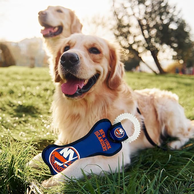 Pets First NHL New York Islanders Bone Shaped Dental Dog TUG Toy with Squeaker. Tough PET Toy for Healthy Fun, Teething, and Cleaning pet's Teeth and Gum.