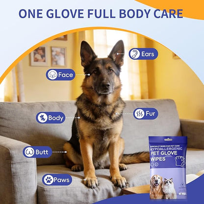 Pet Glove Wipes for Dogs Cats, Grooming Deodorizing Puppy Face Paws Fur and Butt Gloves Wipe, Unscented Extra Thick Travel Cleaning Care Hypoallergenic No Rinse Disposable Bathing Dog Wipes, 24 Pcs
