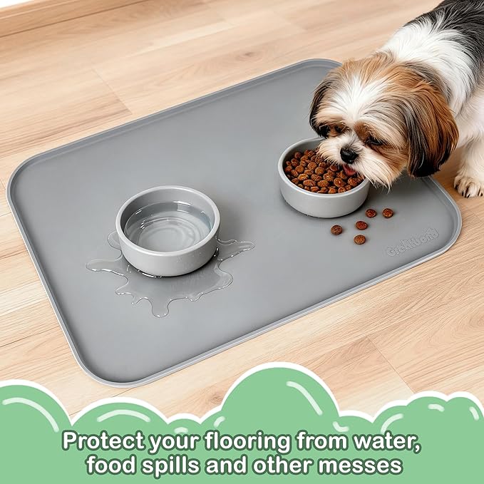 100% Waterproof Silicone Pet Feeding Mat,Warped Resistant Raised Edge BPA-Free Dog Cat Food Mats, Non-Slip Pet Placemat with High Lip to Prevent Spills, Dishwasher Safe, 21.5"x14" Grey