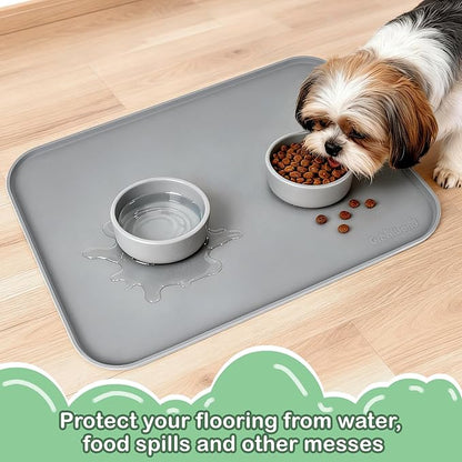 100% Waterproof Silicone Pet Feeding Mat,Warped Resistant Raised Edge BPA-Free Dog Cat Food Mats, Non-Slip Pet Placemat with High Lip to Prevent Spills, Dishwasher Safe, 21.5"x14" Grey