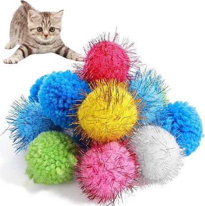 14 PCS Cat Toy Balls, 7 PCS Cute Sparkle Fuzzy Balls for Cat 7 Pieces Soft Cats Toys Yarn Puffs Ball Small Plush Cats Toy Ball for Kitten Pet Chase Play Interactive, Multicolor