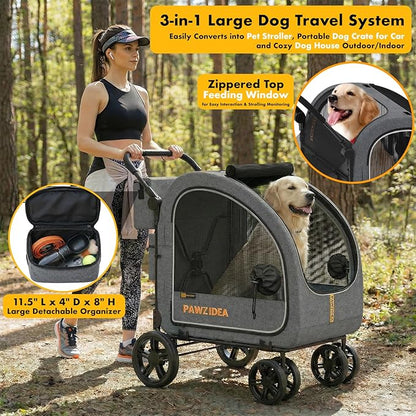 PAWZIDEA 3-in-1 Large Dog Stroller with Detachable Carrier up to 80lbs, Portable Dog Car Crate & Travel Kennel, Foldable Pet Stroller for 2 Medium Dogs, All-Terrain 9” Jogger Wheels, Adjustable Handle
