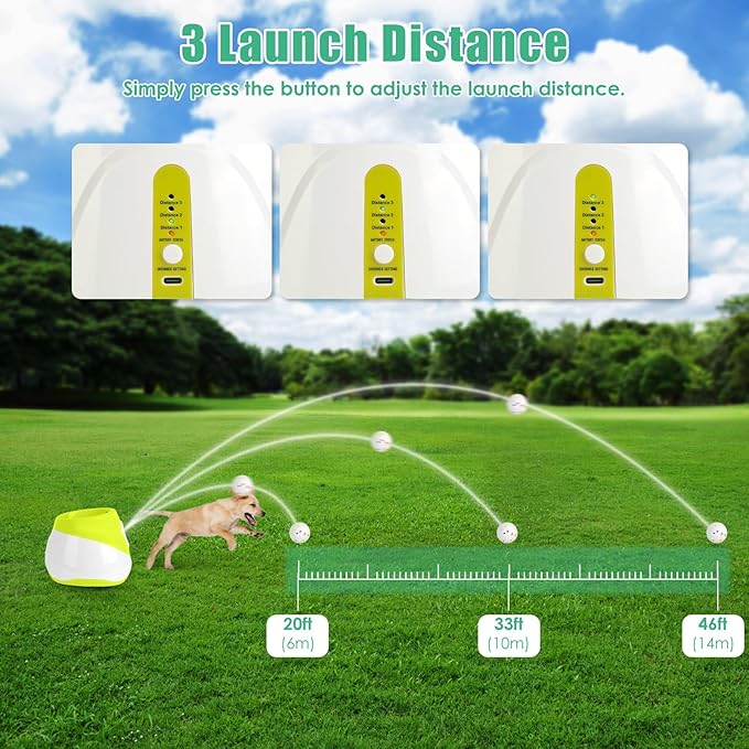 Automatic Dog Ball Launcher with 6 Balls, Interactive Pet Fetch Machine with Adjustable Throw Distance(20/33/46ft) for Small Medium Dogs