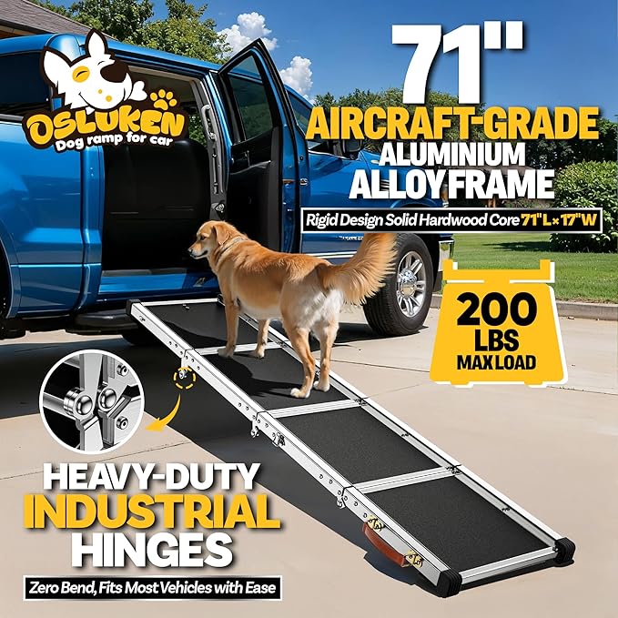 Dog Ramp for Car (200 lbs), Extra L71” W17” Folding Pet Ramp for Large Dogs with with Heavy Duty Hinges, Outdoor Anti-Slip Foldable Dog Car Ramps for SUV Truck Side Door (4 Folded) (4 Folded)