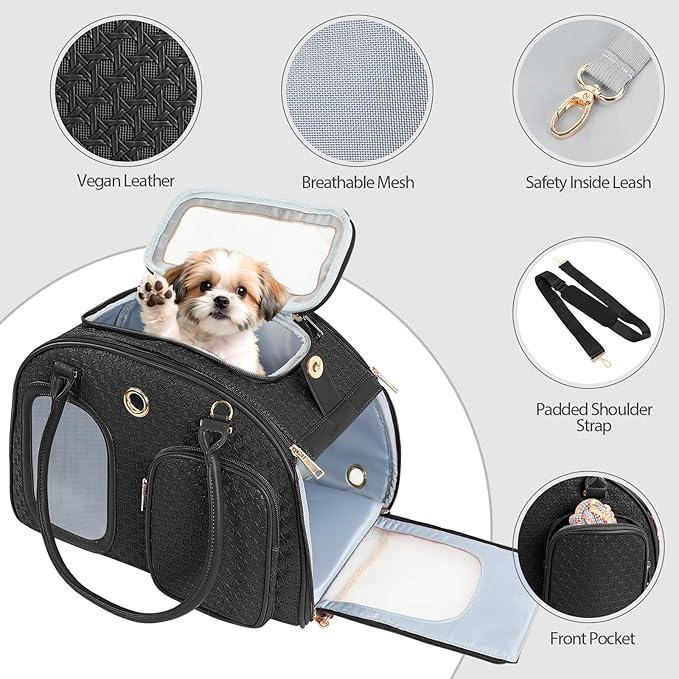 Dog Purse Carrier for Small Dogs, TSA Airline Approved Pet Tote Bag, Fashion Soft-Sided Puppy Carrier Purse with Pockets for Travel, Daily Outings (Black, 16.1inch x 8.7inch x 12inch)