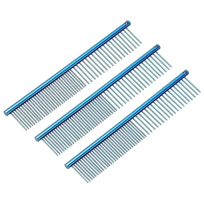 Dog Cat Comb, Pet Combs Stainless Steel Teeth with Rounded Ends for Knots Mats Loose Hair Removal, 6.5IN (Blue Plated, 3 Pack), Grooming Tool Intended for Long Curly Hair Pet