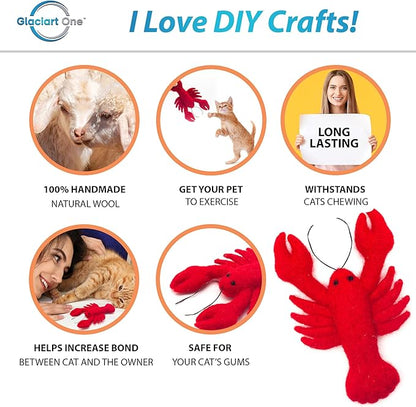 Glaciart One Wool Lobster Cat Toy with Catnip | Interaction & Boredom Relief, Encourages to Exercise, Explore & Play | Filled w/Organic Herbs to Help Sooth or Reduce Anxiety