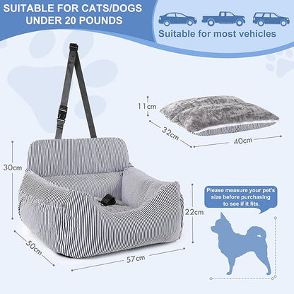 Dog Car Seat for Small Dogs, Pet Booster Seat with Clip-On Safety Leash and Storage Pockets, Washable Travel Dog Car Bed for Puppy (Blue White)