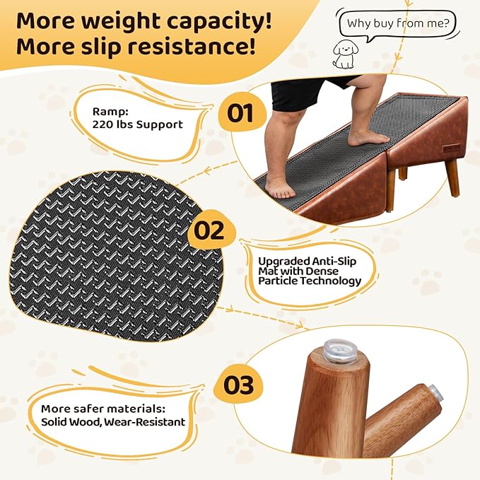 Dog Stairs for Small Dogs and Cats 16" H - with Encrypted Dot-Grip Non-Slip Surface, 2-in-1 Pet Ramp & Steps for Bed/Couch, Foldable Split Ottoman with Solid Wood Frame, Sturdy & Portable for Puppies