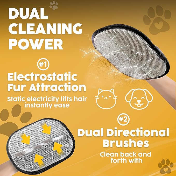 2 Pack PET Hair Remover Gloves – Electrostatic Dog & Cat Hair Removal Glove, Reusable Pet Fur Remover for Couch, Furniture, Clothes & Car Seats, Lint Remover Tool, Animal Hair Remover Cleaning Mitt