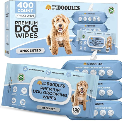 We Love Doodles Dog Wipes - Deodorizing & Cleaning Pet Wipes, for Coat, Face, Paws, Butt, & Body, Dog Essentials & Grooming Supplies, Made in USA, Unscented (400 Wipes)