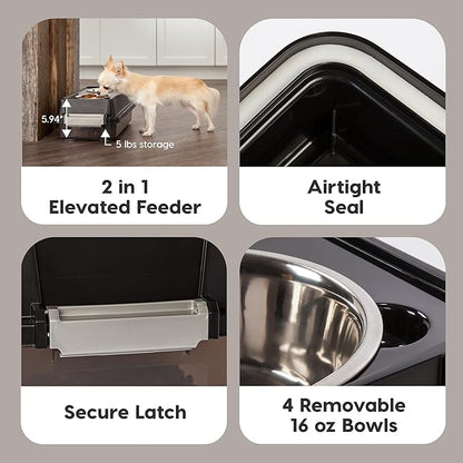 IRIS USA 2-in-1 Elevated Dog Bowls 6" H with Airtight Pet Food Storage Container Holds Up to 5 Lbs, Removable 4 Thick 16 oz Stainless Steel Bowls, at Home or Camping Pet Dish Bowl Set, Smoke/Black