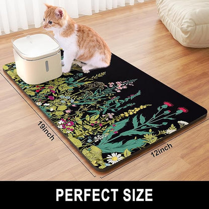 Dog Food Mat, 12" x 19" Absorbent Dog Cat Bowl Mat for Food and Water, Cute Anti-Slip Rubber Pet Feeding Rug Protect Floors, Placemat for Feeding & Watering Supplies, Midnight Flower