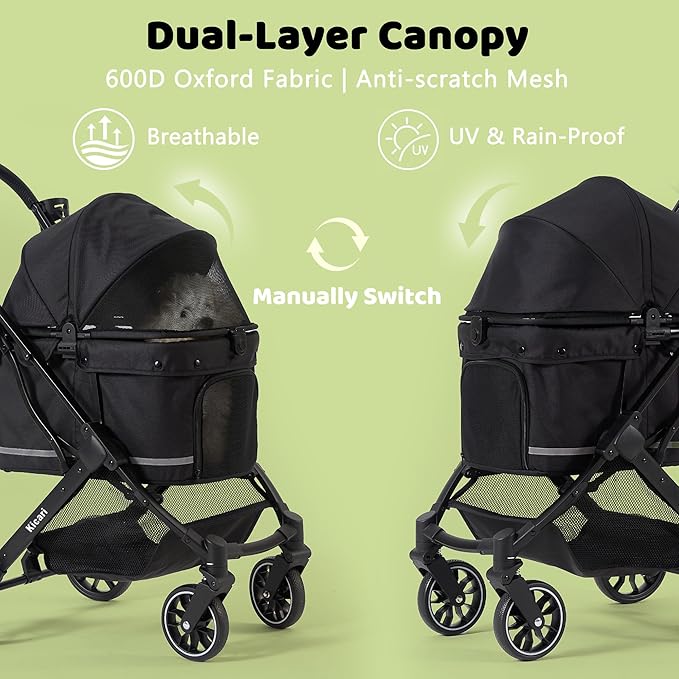 All-Terrain Dog Stroller for Small to Medium Dogs, Pet Stroller for Dogs & Cats Outdoor Walks, One-Hand Easy Fold, Double-Layer Anti-UV & Waterproof Canopy & Breathable Mesh, Samurai Black