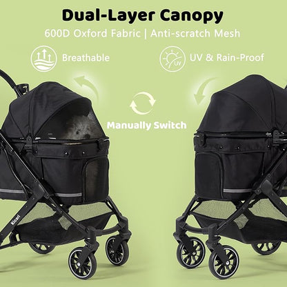 All-Terrain Dog Stroller for Small to Medium Dogs, Pet Stroller for Dogs & Cats Outdoor Walks, One-Hand Easy Fold, Double-Layer Anti-UV & Waterproof Canopy & Breathable Mesh, Samurai Black