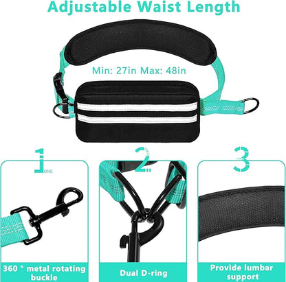 Hands Free Dog Leash with Zipper Pouch, Running Waist Leash for Dog Walking, Adjustable Waist Belt for Large Dogs, Reflective Bungee Design with Two Handle for Hiking, Training, Teal