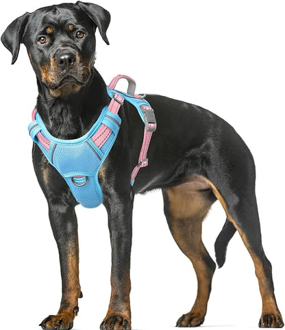 BARKBAY No Pull Dog Harness Large Reflective Dog Harness with Front Clip and Easy Control Handle for Walking Training Running with ID tag Pocket(Baby Blue & Baby Pink,XL)