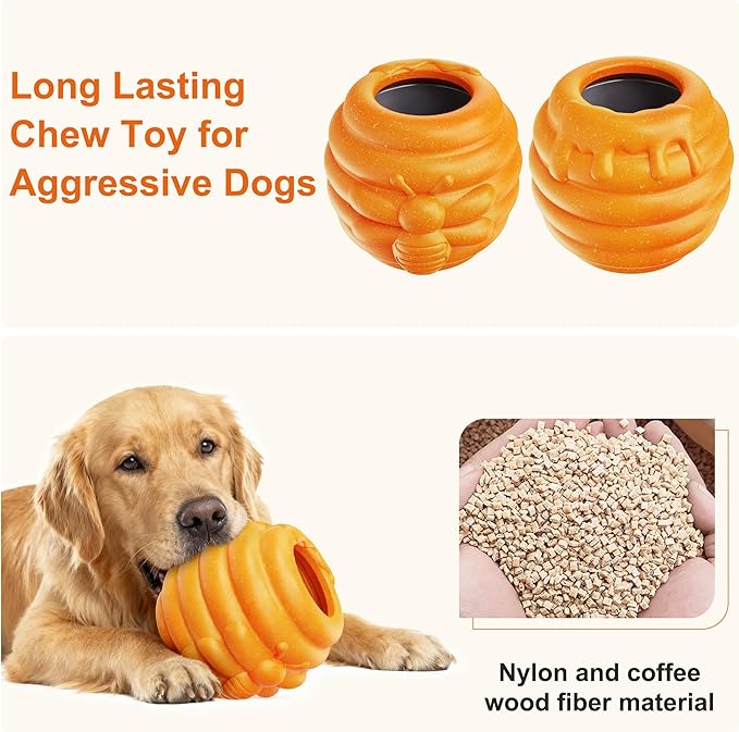 3 in 1 Durable Dog Toys for Aggressive Chewers 2 Pack, Dog Treat Dispenser and Enrichment Licking Toys in Honey Pot Shape, Boredom Killing and Mental Stimulation Toys for Large Dogs to Keep Them Busy