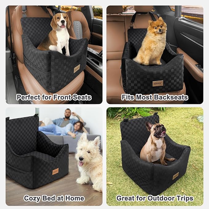 JOEJOY Elevated Dog Car Seat for Small/Medium Dogs up to 35 lbs, Memory Foam Booster Seat with Detachable Washable Cover, Travel-Safe Car Bed with Safety Belts & Storage Pockets, Black