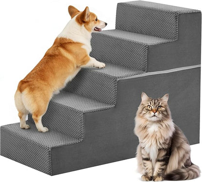 DUMOS Dog Stairs for Small and Medium Dogs, 5-Step Pet Steps with High-Density Foam, Indoor Non-Slip Pet Ramp for Puppy and Older Dogs Cats, Dog Bed Stairs for Couch and Sofa, Grey