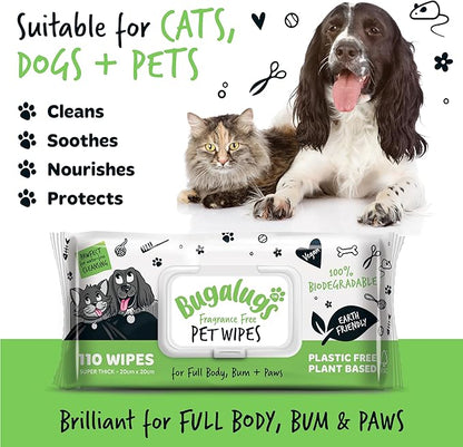 BUGALUGS Dog Wipes, 100% Plastic Free Biodegradable pet Wipes for Full Body, Eye Wipes, Ear Wipes, Bum & Paws. 110 Sensitive Dog Grooming Wipes for Dogs, Puppy & cat Grooming (Fragrance Free)