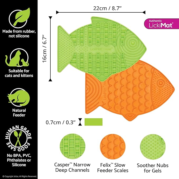 Lickimat Casper & Felix, Fish-Shaped Cat Slow Feeders Lick Mat, Boredom Anxiety Reducer; Perfect for Food, Treats and Anxiety Reduction. (Green & Orange)