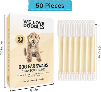 We Love Doodles Long Cotton Dog Ear Swabs | Double Sided Cotton Swabs for Dogs | Large Wooden Cleaner Balls Tool | Swabs to Flush Puppy Ears | Clean Wood Buds for Pet Ears | Wipes Solution Swabs