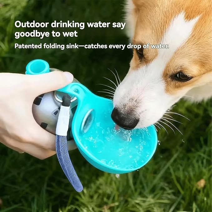 Portable Dog Water Ball, Foldable Pet Water Bottle – Portable, Leak-Proof & Perfect for Travel, 304 Stainless Steel Large-Capacity (287ml) Cup with Foldable Silicone Bowl (Pink with Print)