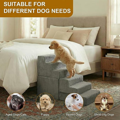 Dog Stairs for Small Dogs, 6-Step Dog Steps for High Bed, High-Density Foam Pet Stairs with Non-Slip Removable Washable Cover to Get on Bed