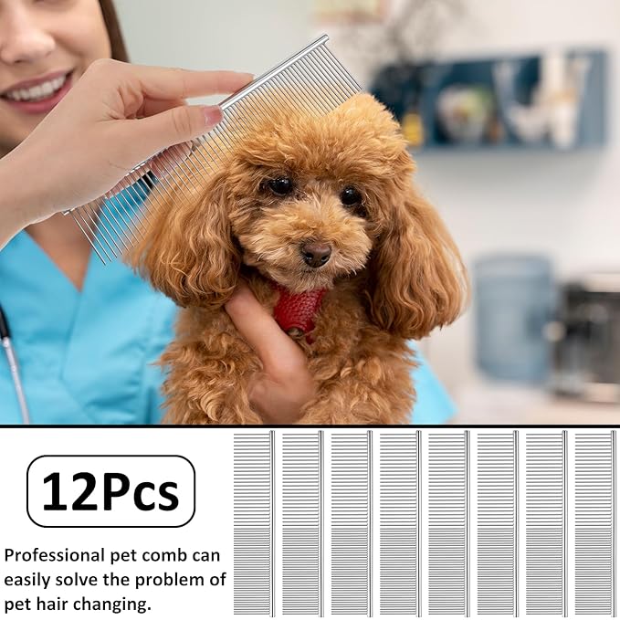 12 Pcs Stainless Steel Dog & Cat Comb, 7.48 Inch Metal Grooming Tool for Removing Knots, Long and Short Haired Pets Including Dogs, Cats & Others