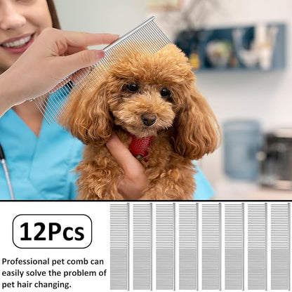 12 Pcs Stainless Steel Dog & Cat Comb, 7.48 Inch Metal Grooming Tool for Removing Knots, Long and Short Haired Pets Including Dogs, Cats & Others