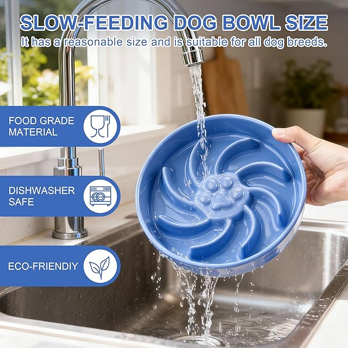 Ceramic Slow Feeder Dog Bowl, 1.5 Cup Dog Food or 20oz Water, Slow Eating Bowl for Small Breed, Maze Puzzle Feeder for Fast Eaters, Anti-Choking Stop Bloat, Non-Slip BPA Free (Blue)