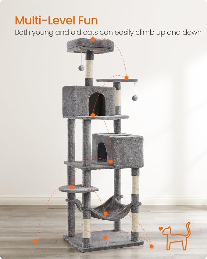 Feandrea Cat Tree, 73.2-Inch Tall Cat Tower, Plush Multi-Level Condo with 5 Scratching Posts, 2 Perches, 2 Caves, Hammock, 2 Pompoms, Light Gray UPCT191W01