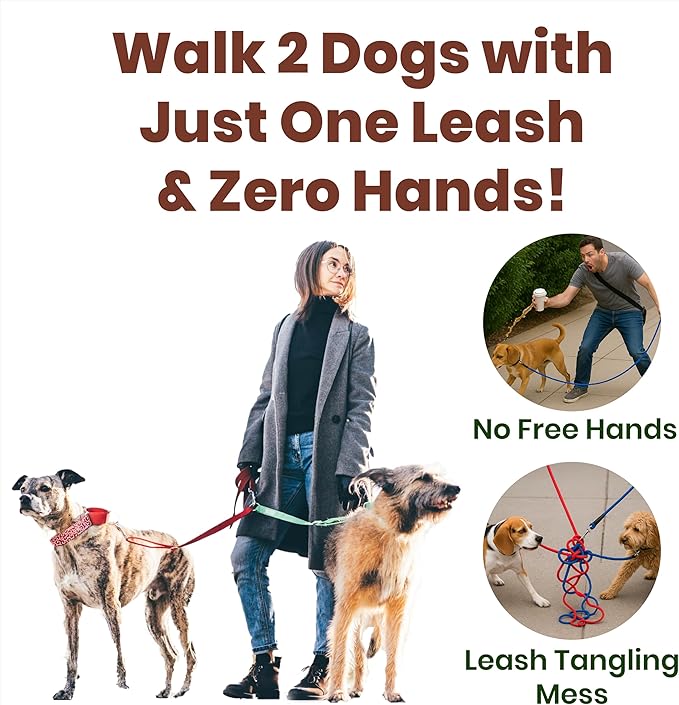 𝐇𝐞𝐚𝐯𝐲 𝐃𝐮𝐭𝐲 Hands Free Dog Leash for 2 Dogs – Dual Bungee Running Leash with Adjustable Waist Belt, Tangle-Free 360° Swivel, Shock Absorbing, Padded Handles & Zipper Pouch