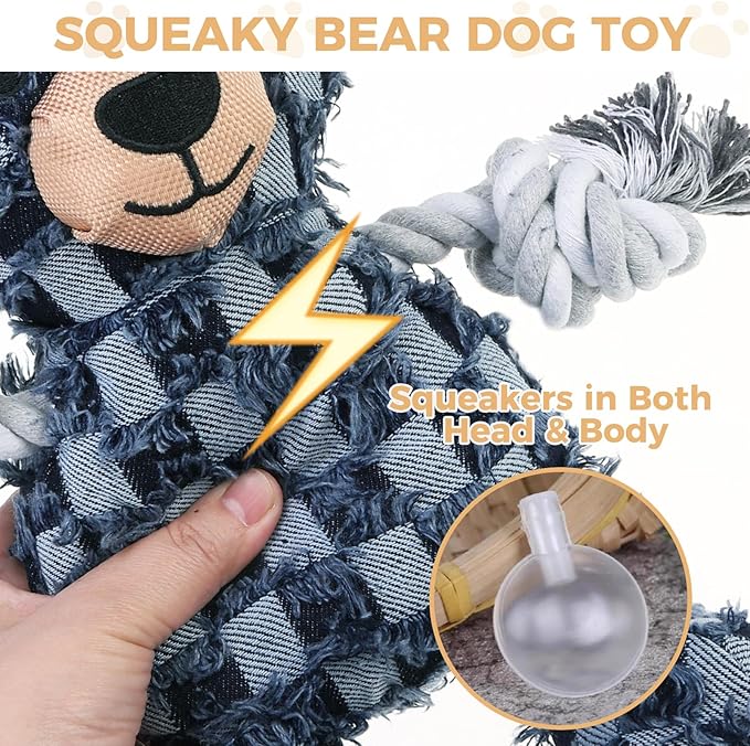 PAWCHIE Squeaky Dog Toys,Robust Bear Chew Dog Toy for Aggressive Chewers,Rope Arm Tug of War&Interactive Puppy Toys to Keep Them Busy for Boredom,Soft Pet Teething Dog Companion, Blue