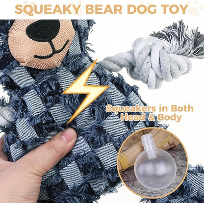 PAWCHIE Squeaky Dog Toys,Robust Bear Chew Dog Toy for Aggressive Chewers,Rope Arm Tug of War&Interactive Puppy Toys to Keep Them Busy for Boredom,Soft Pet Teething Dog Companion, Blue