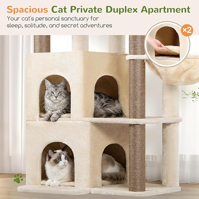 Globlazer Cat Tree Tower for Indoor Cats, Sturdy Adult Cat Tree House for Large Adult Cats with 2 Platform, 6 Cat Scratching Post, 2 Cat Caves, Dangling Toys, S63, 63 inch, Beige