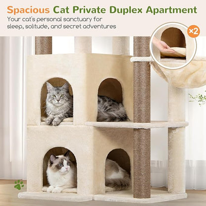 Globlazer Cat Tree Tower for Indoor Cats, Sturdy Adult Cat Tree House for Large Adult Cats with 2 Platform, 6 Cat Scratching Post, 2 Cat Caves, Dangling Toys, S63, 63 inch, Beige