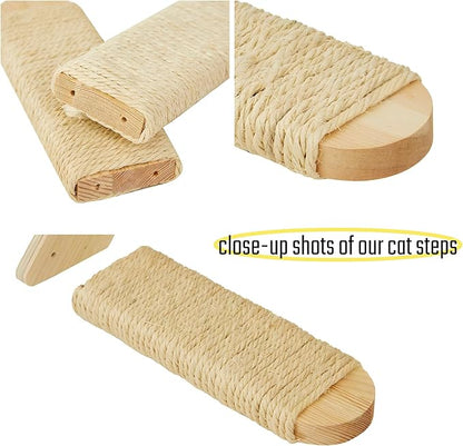 Wall-Mounted Cat Stairs Set of 2, 2-Step Pine Wood Cat Ladder with Sisal Rope, Space-Saving Climbing Shelves for Cats