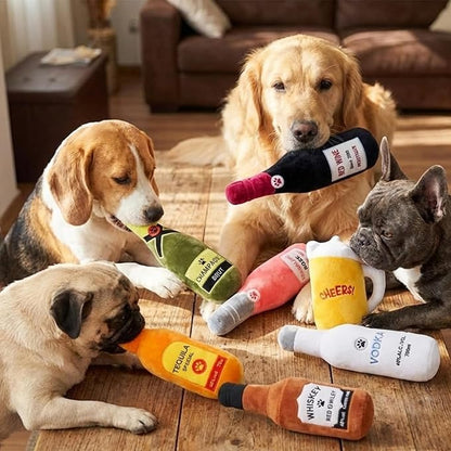 Glow Pups Plush Dog Toy with Squeaker, Durable & Adorable Red Wine Bottle Dog Toy, Engaging & Interactive, Machine Washable, Comforting Toy Dogs - Red