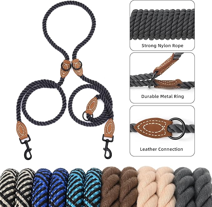 Mile High Life Dual Dog Leash, Double Dog Leash, 360 Swivel No Tangle Walking Leash, Hands Free Leash w Leather Tailored Connection, Double Rope Leash for Two Dogs (Blue Green, 8FT)
