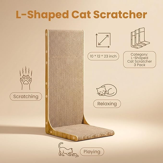 3-Pack Cardboard Cat Scratcher for Indoor Cats, 23 Inch L Shaped Vertical Cat Scratching Post, Cat Scratching Board for Wall and Couch, Large