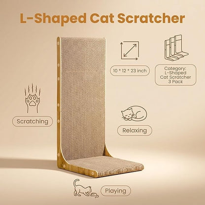 3-Pack Cardboard Cat Scratcher for Indoor Cats, 23 Inch L Shaped Vertical Cat Scratching Post, Cat Scratching Board for Wall and Couch, Large
