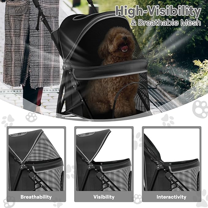 Pet Stroller for Small Dogs & Cats, 10-22lbs, Rear Storage, Black