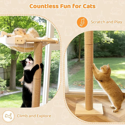 Cat Window Perch with Scratching Post, 46" Adjustable Tall Scratching Posts & Suction Cup – White Rabbit Fur Pad, Multi-Level Perch for Climbing, Bird Watching, Play, Supports 45 lbs (Drilling-Free)