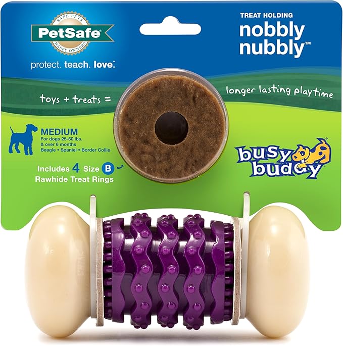 PetSafe Busy Buddy Nobbly Nubbly Treat Holding Dog Toy - Boredom Relief for Strong Chewers - Durable Nylon Build - Dishwasher Safe Design - Includes Treat Rings - Engaging Pet Puzzle - Purple - Medium